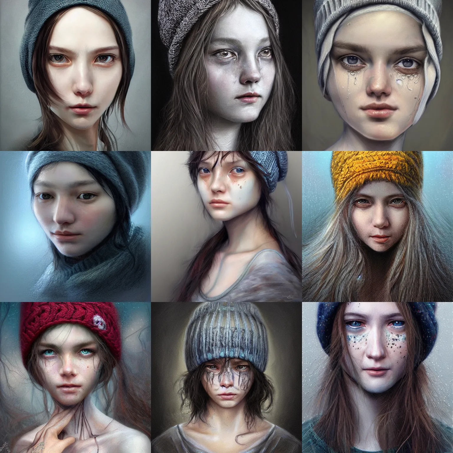 Prompt: portrait of a crying ai artist, detailed clothing, beanie, concept art, artstation, detailed luminescent digital painting by alan lee and artgerm johanna martine giger, exquisite masterpiece