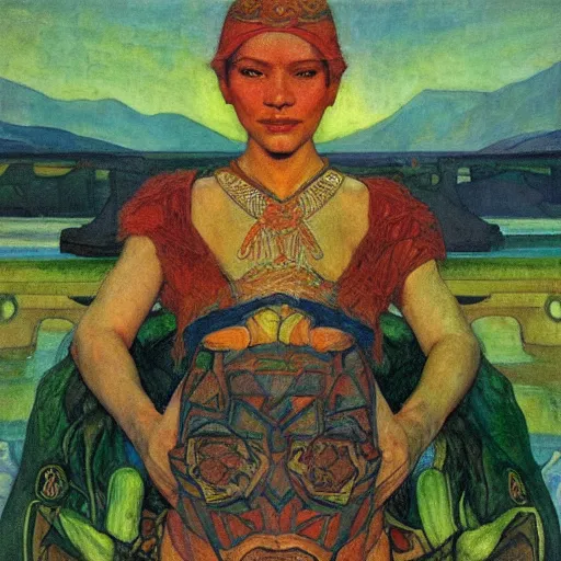 Image similar to the river crown, by Annie Swynnerton and Nicholas Roerich and Diego Rivera, green skin, elaborate costume, geometric ornament, rich color, dramatic cinematic lighting, smooth, sharp focus, extremely detailed