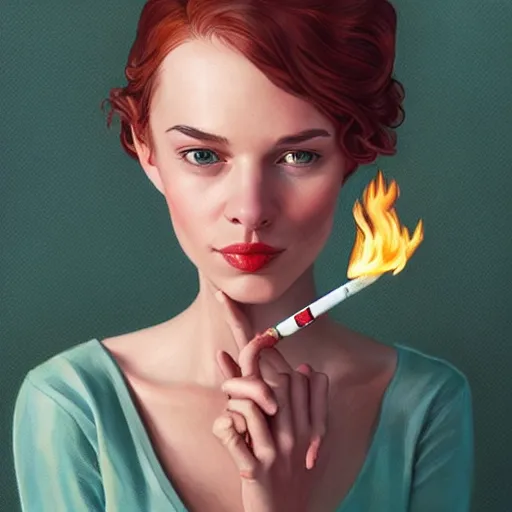 Prompt: portrait of a beautiful woman lighting a cigarette with a match, pixar cute, highly detailed, sharp focus, digital painting, art by martine johanna + joe jusko