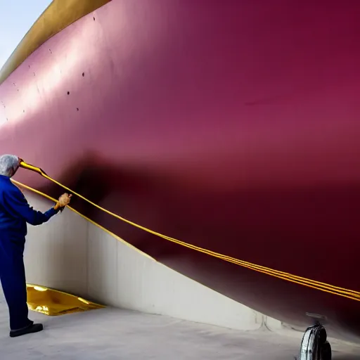 Image similar to wrinkled hunchbacked old man in musty burgundy suit, polishing painting the side of a huge gold plated mega yacht with a cloth, maintenance photo