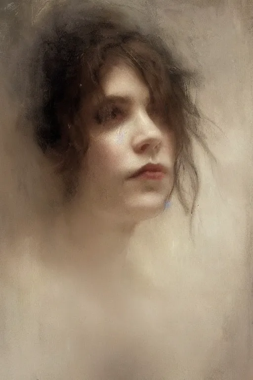 Image similar to detailed cinematic moody colors studio portrait of the memories of a victorian lady with a sensual pose kissing a gentleman with a blurred face high quality by jeremy mann, only one head single portrait