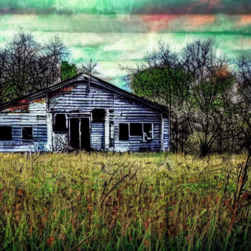 Prompt: old 6 0 s house in decay in the middle of a field, realistic pixel sorting