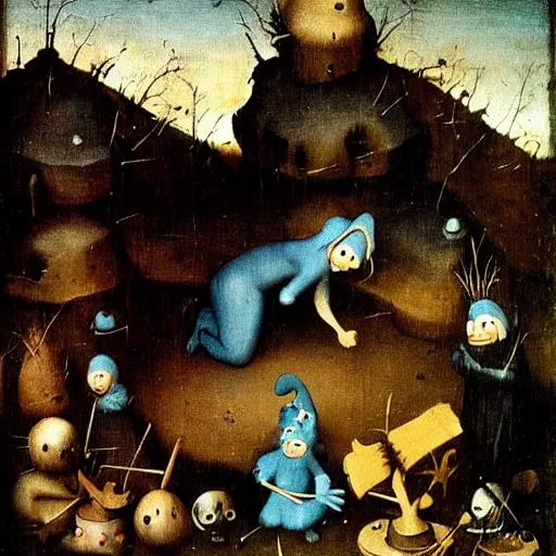 Prompt: The smurfs by Hieronymus Bosch