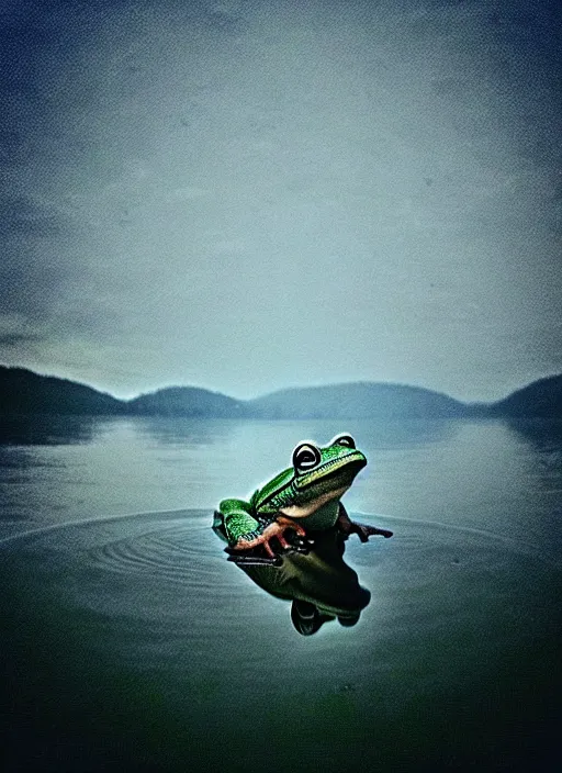 Image similar to “smiling frog vertically hovering over misty lake waters in jesus christ pose, low angle, long cinematic shot by Andrei Tarkovsky, paranormal, eerie, mystical”