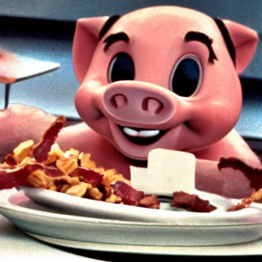 Image similar to Porky the Pig eating bacon.