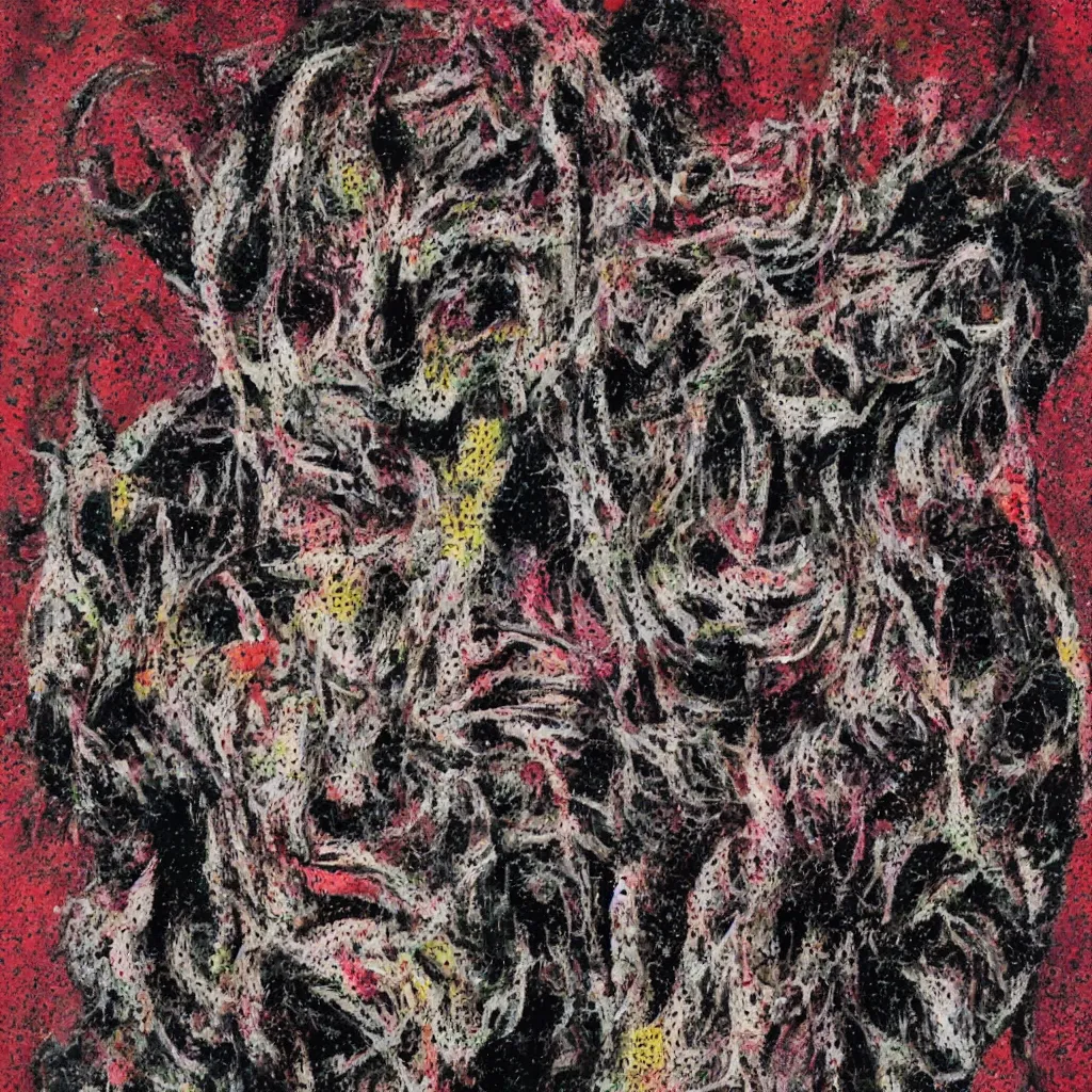 Image similar to camo made of teeth, smiling, abstract, francis bacon artwork, cryptic, dots, spots, stipple, lines, splotch, color tearing, pitch bending, faceless people, dark, ominous, eerie, hearts, minimal, points, technical, old painting, neon colors