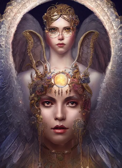 Prompt: A beautiful digital painting of a female Seraphim full of jewels, princess, the moon behind her, intricate, cinematic lighting, highly detailed, digital painting, Artstation, concept art, smooth, sharp focus, illustration, art by Tom Bagshaw, Artgerm and Greg Rutkowski