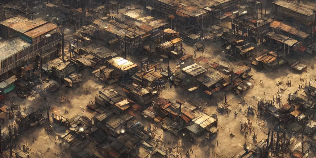 Image similar to An industrial-looking marketplace in the slums, people trading, dry weather, white sun shining brightly in the sky, realistic 4k octane beautifully detailed render, 4k post-processing, highly detailed, intricate complexity, epic composition, magical atmosphere, cinematic lighting, masterpiece, ultra hd