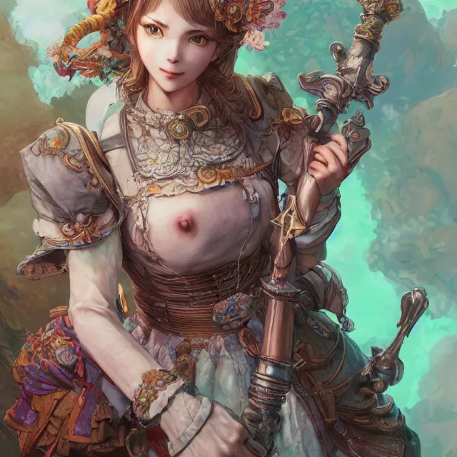 Image similar to the portrait of neutral good colorful female cleric bard as absurdly beautiful, gorgeous, elegant, skinny gravure idol, an ultrafine hyperdetailed illustration by kim jung gi, irakli nadar, intricate linework, sharp focus, bright colors, octopath traveler, final fantasy, unreal engine 5 highly rendered, global illumination, radiant light, detailed and intricate environment