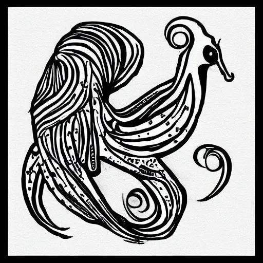 Image similar to a squid friends of a seahorse. black ink on paper tattoo design. in the style of the voinych manuscript. complete. corner to corner