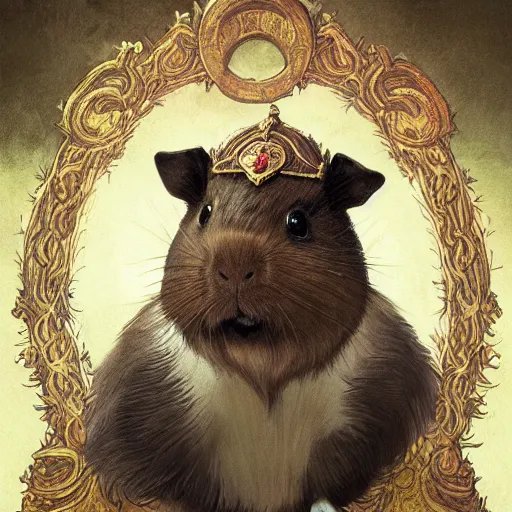 Image similar to A heraldic Prince Guinea Pig with big cute eyes portrait, D&D, fantasy, intricate, cinematic lighting, highly detailed, digital painting, artstation, concept art, smooth, sharp focus, illustration, art by Akihiko Yoshida, Greg Rutkowski and Alphonse Mucha