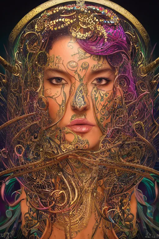 Image similar to a centered render of an mytical festival hippy with tribal tattoos wearing intricate metallic clothing surrounded by a underwater ink pour and flowing liquid gallium and sacred geometry, perfect body and face, gorgeous, cinematic, beautifully lit, by noriyoshi ohrai, by karol bak, by donato giancola, 3 d, trending on artstation, octane render, 8 k