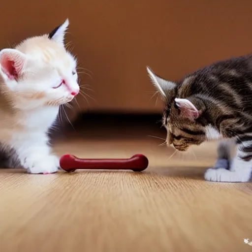 Image similar to a picture of two kittens playing tug o war over a toy mouse. one kitten had blue eyes while the other had brown ones. their fur looked soft and fluffy.