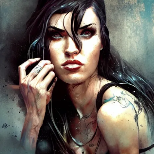 Image similar to Megan Fox on stage playing rock and roll by Bastien Lecouffe-Deharme