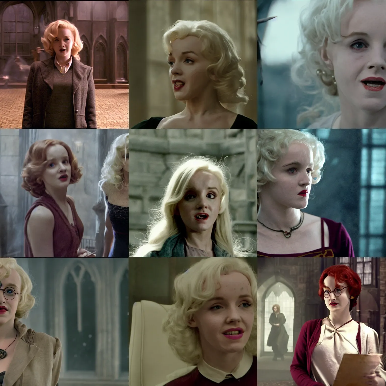 Prompt: female harry potter played by marilyn monroe, movie still from harry potter deathly hallows by david yates, wide shot full body shot, 4 k