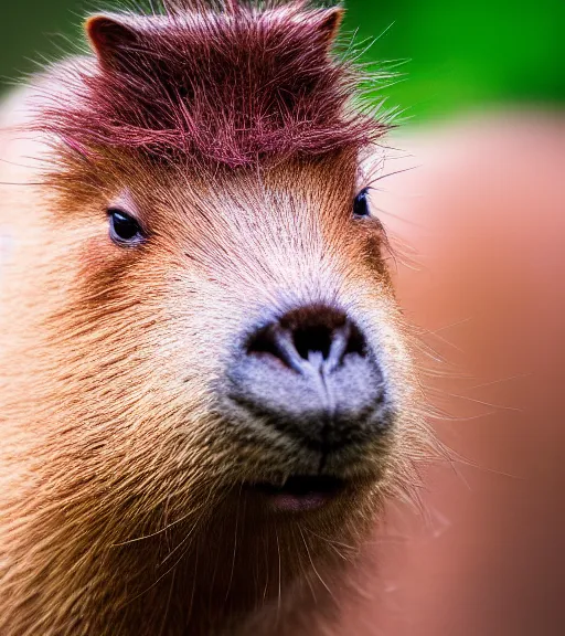 Prompt: award winning 5 5 mm close up portrait color photo of a capybara with pink slime oozing out of its nose, in a park by luis royo. soft light. sony a 7 r iv