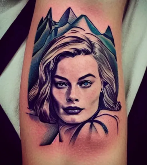 Image similar to tattoo design sketch of margot robbie and beautiful mountain scenery mash up, in the style of maaika de jong, surrealist, amazing detail, sharp