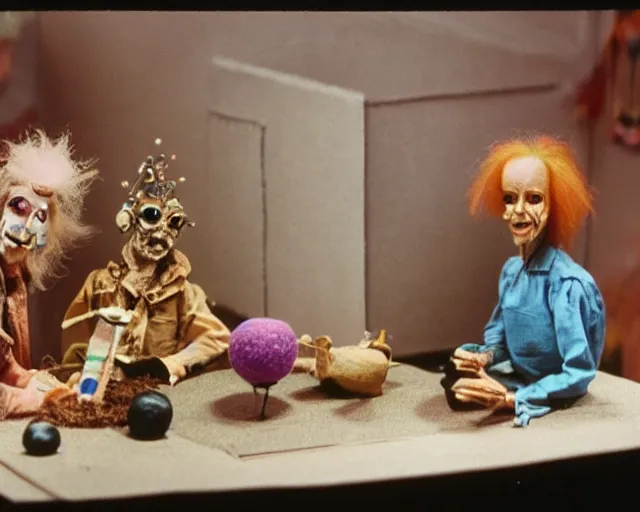 Image similar to still from a full - color 1 9 8 5 cute live - action stop - motion puppetry film by the brothers quay, involving cotton and gemstones, inside elaborate dioramas.