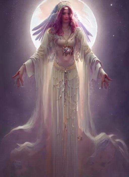 Image similar to A beautiful digital painting of a female Seraphim full of jewels, princess, the moon behind her, intricate, cinematic lighting, highly detailed, digital painting, Artstation, concept art, smooth, sharp focus, illustration, art by Tom Bagshaw, Artgerm and Greg Rutkowski