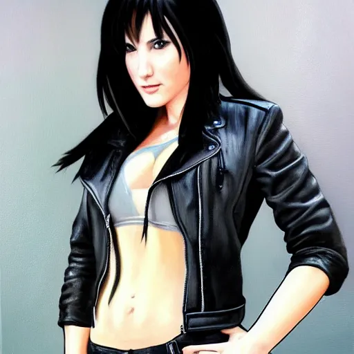 Image similar to perfect, realistic oil painting of close-up Tifa wearing leather jacket