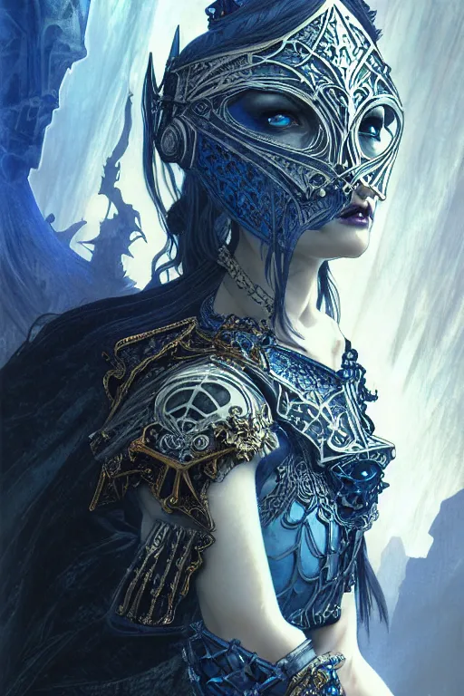 Image similar to beautiful luxury and gothic and victorian and evil medieval female blue & white armor knight portrait+smoky eyes+light flowing hair, in ruin gothic cathedral, ultradetail face, art and illustration by tian zi and craig mullins and WLOP and alphonse mucha, fantasy, intricate complexity, human structure, fantasy world concept, watermark, blurry, hyperrealism 8k