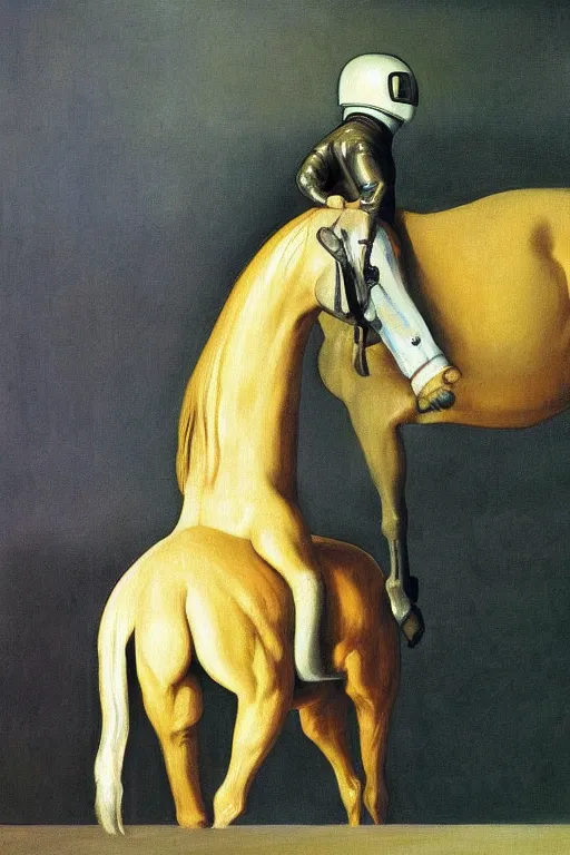 Image similar to a horse stands on the back of a horse c with head astronaut, hauntingly surreal, highly detailed painting by francis bacon, edward hopper, adrian ghenie, gerhard richter, and james jean soft light 4 k,