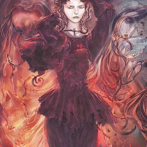 Image similar to a painting in the style of ayami kojima and in the style of charles vess.