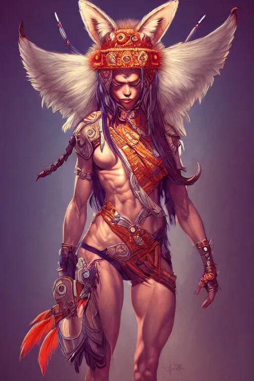 Prompt: digital art, centered full body of an Warrior girl with fox headdress ,intricate, veins, by James Jean and by artgerm , by ross tran, ultradetailed, charachter design, concept art, trending on artstation,