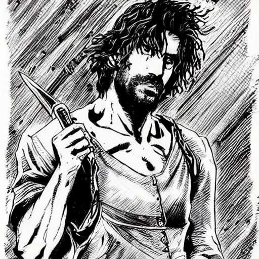 Prompt: pen and ink!!!! attractive 22 year old deus ex Frank Zappa x Ryan Gosling golden!!!! Vagabond!!!! magic swordsman!!!! glides through a beautiful battlefield magic the gathering dramatic esoteric!!!!!! pen and ink!!!!! illustrated in high detail!!!!!!!! by Hiroya Oku!!!!!!!!! Written by Wes Anderson graphic novel published on shonen jump MTG!!! 2049 award winning!!!! full body portrait!!!!! action exposition manga panel