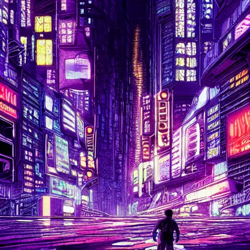 Prompt: high detailed kilmonger in a cyberpunk rainy city at night by eliran kantor, hand drawn, illustration, purple and blue neons, unreal engine, high quality, 4 k, uhd, trending on artstation, wires, blade runner vibes, ghost in the shell, akira, dorohedoro