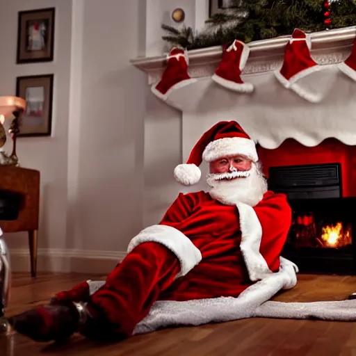 Image similar to A demented evil looking Santa Claus grinning at the camera, emerging upside down from the fireplace on Christmas night, house cam footage, fisheye lens, dark, night cam, hyperrealistic