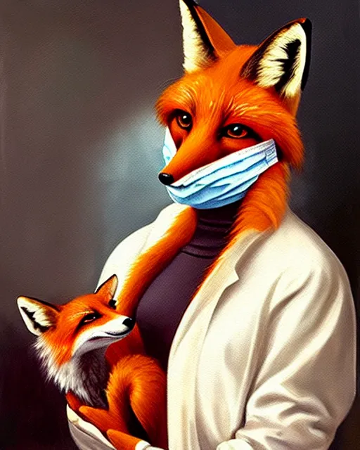 Image similar to oil painting portrait of anthropomorphic female fox animal dressed in labcoat, surgical mask covering mouth, holding syringe, fox animal, hospital in background, oil painting,