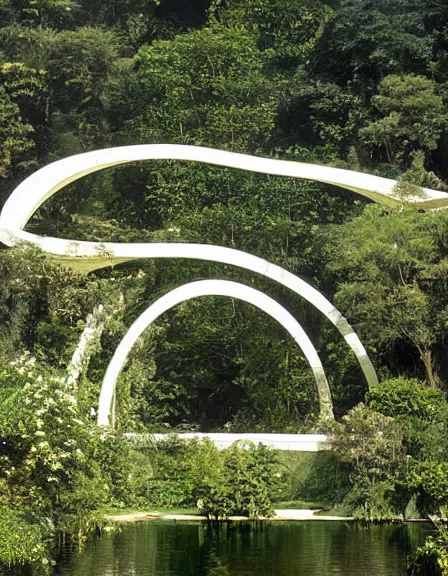 Prompt: a massive liquid gold and white fluid sculpture in the jungle covered in flowers and vines photograph, architecture carved for a titan, beautiful in its smoothness and expansiveness, curving geometric arches, architectural photograph by louis kahn and moshe safdie