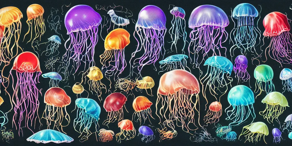 Image similar to full color page scan of various vintage jelly fish illustrations on black background, in matte painting, 2 d, kitbash, 4 k