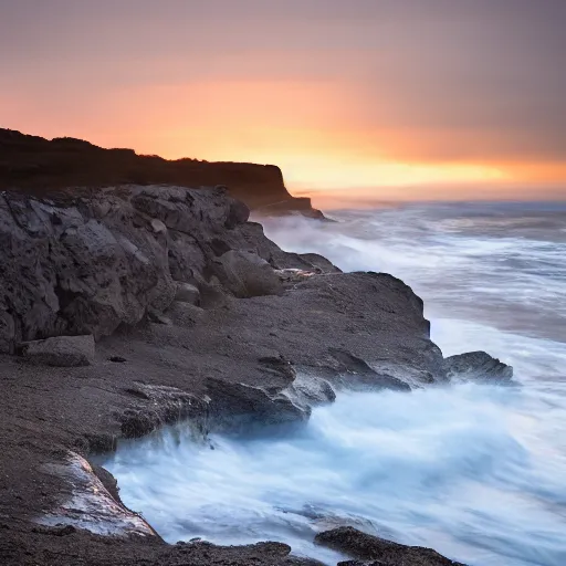 Prompt: dawn over a lonely rocky coast.. crashing breakers. light levels 5 0 %