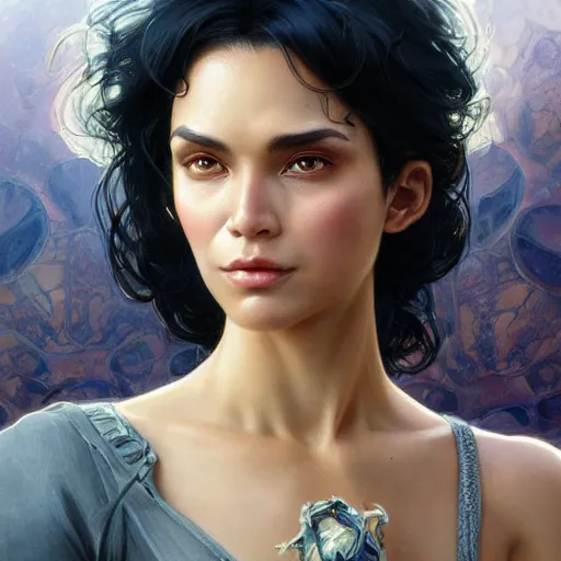 Prompt: beautiful, strong, mixed race, female, aged 4 0, face, no makeup, head shot, fantasy, highly detailed, digital painting, artstation, concept art, smooth, sharp focus, illustration, art by artgerm and greg rutkowski and alphonse mucha