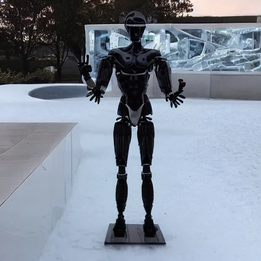 Image similar to made of ice, a realistic detailed photo of a guy who is an attractive humanoid who is half robot and half humanoid, who is a male android, on display, blank stare, showing off his muscles, shiny skin, posing like a statue, by the pool, frozen ice statue, twitch streamer / gamer ludwig, humanoid robot