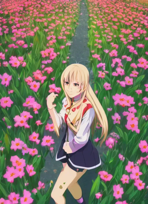 Prompt: winry rockbell from fullmetal alchemist: brotherhood standing in a field of flowers, vibrant colors, anime key visual, lois van baarle, ilya kuvshinov, wlop, rossdraws, 4k, ambient lighting, dynamic lighting, trending on artstation