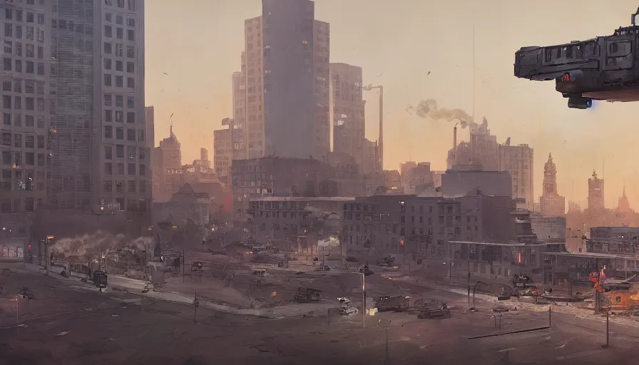 Image similar to warsaw downtown, soldiers and mech fight, simon stalenhag, 4 k, ultra detailed, explosions and smoke