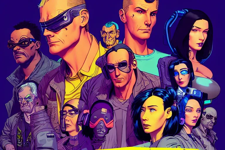 Image similar to cyberpunk heist crew. portrait by stonehouse and mœbius and will eisner and gil elvgren and pixar. character design. realistic proportions. dystopian. cyberpunk 2 0 7 7, apex, blade runner 2 0 4 9 concept art. cel shading. attractive face. thick lines. hi def 4 k. the team. detailed characters.