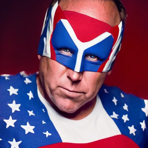 Image similar to UHD candid photo of Alex Jones dressed as a cosmic superhero, wearing red white and blue, accurate face, UHD, photorealistic, correct face, photo by Annie Leibowitz