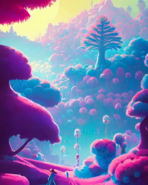 Prompt: candyland | a landscape made of candy and desserts, mountains river trees, cherry - blossoms | highly detailed | very intricate | fantasy whimsical magical | soft bright natural morning light | pixar | award - winning | matte painting by anton fadeev and paul lehr and rhads and alena aenami | pastel color palette | featured on artstation