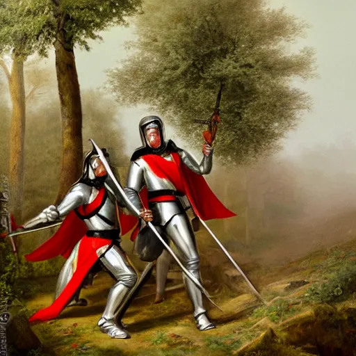 Image similar to soldiers with shields and swords and bows! hiding behind trees! on an elevated hill in a! misty, foggy! forest looking down on a army of gladiators with red capes, walking on a path through the forest below them.! shiny swords, well equiped. painting by eugene de lacroix, 4 k, realistic, anatomically correct, beautiful