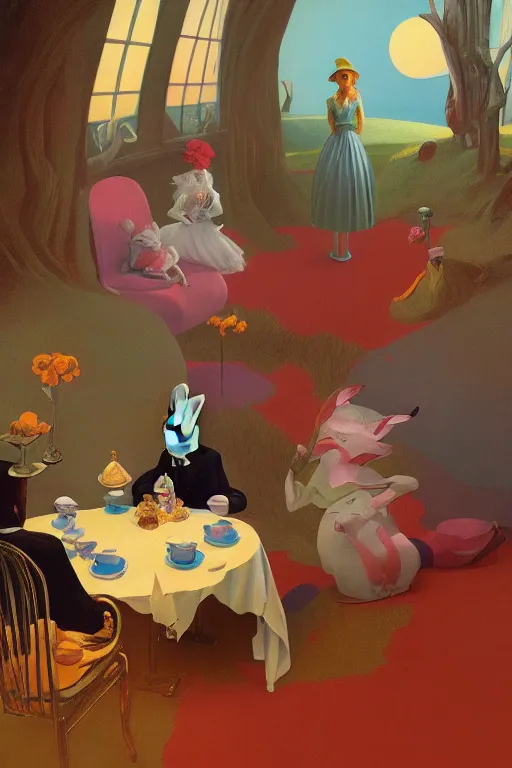 Image similar to Alice portrait tea party with Mr Rabbit in the wonder trash land Edward Hopper and James Gilleard, Zdzislaw Beksisnski, higly detailed