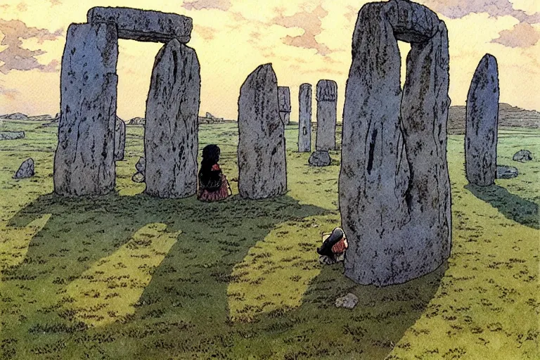 Image similar to hyperrealist studio ghibli watercolor fantasy concept art of a 1 0 0 ft. giant druid sitting on stonehenge. it is a misty starry night. by rebecca guay, michael kaluta, charles vess