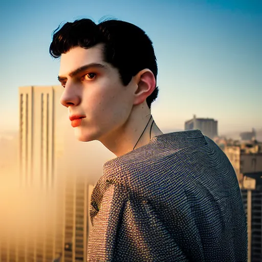 Image similar to un ultra high definition studio quality photograph portrait of a pale young man with black hair standing on the rooftop of an apartment building wearing eclectic clothes looking away from the camera. wide angle. morning. art directed. clear. fog. three point light. extremely detailed. golden hour, golden ratio, ray tracing, volumetric light, shallow depth of field.