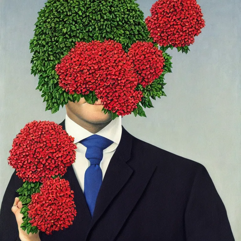 Image similar to portrait of man in a suit with flowers hiding his face by rene magritte, detailed painting, hd, hq, high resolution, high detail, 4 k, 8 k