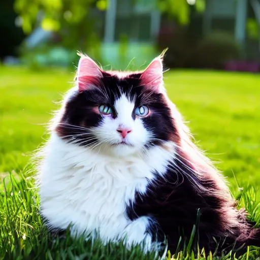 Image similar to a fluffy cute calico cat sitting on the corner of a front yard outside in the late afternoon on a beautiful summer day, sunset