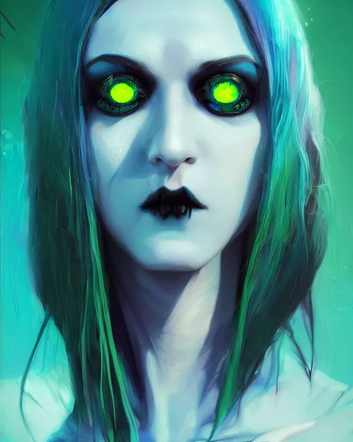 Image similar to portrait of funny blue and green eyes goth dark queen of the vampire council, intricate abstract. intricate artwork, by tooth wu, wlop, beeple, dan mumford. concept art, octane render, trending on artstation, greg rutkowski very coherent symmetrical artwork. cinematic, key art, hyper realism, high detail, octane render, 8 k, iridescent accents