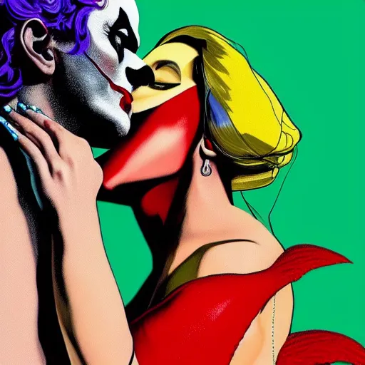 Prompt: richard hamilton and mimmo rottela as lady gaga harley queen and joaquin phoenix joker kissing, pop art, medium long shot, 2 color, justify content center, object details, dynamic composition, 4 k, ultra realistic art, smooth, sharp focus, illustration, concept art, intricate details, h 7 6 8